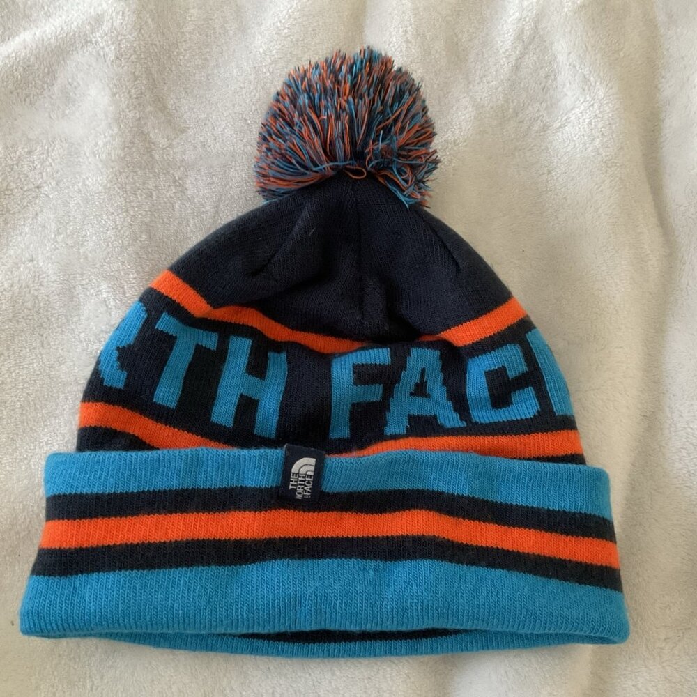 The North Face Retro Pom Beanie Hat Stocking Cap Navy Orange Blue Unisex OSFM